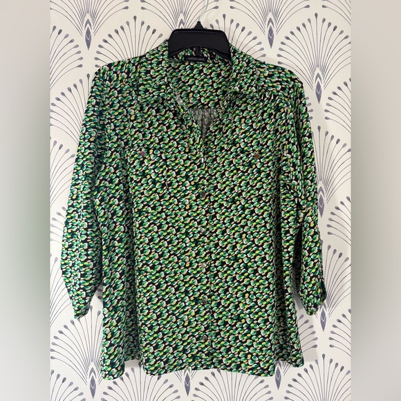 Notations Green and Black Buttoned Polo Blouse - Picture 1 of 4